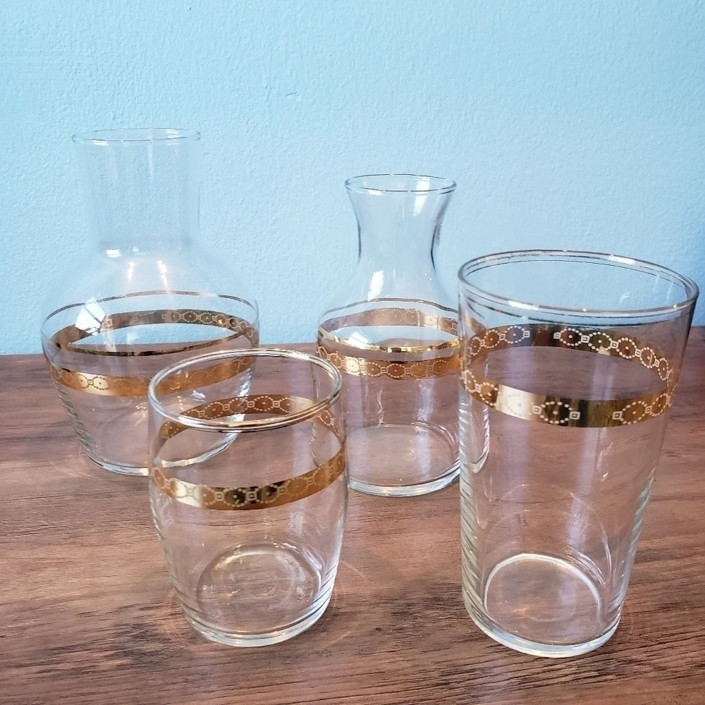 Mid Century Gold Rimmed Carafes and Glasses